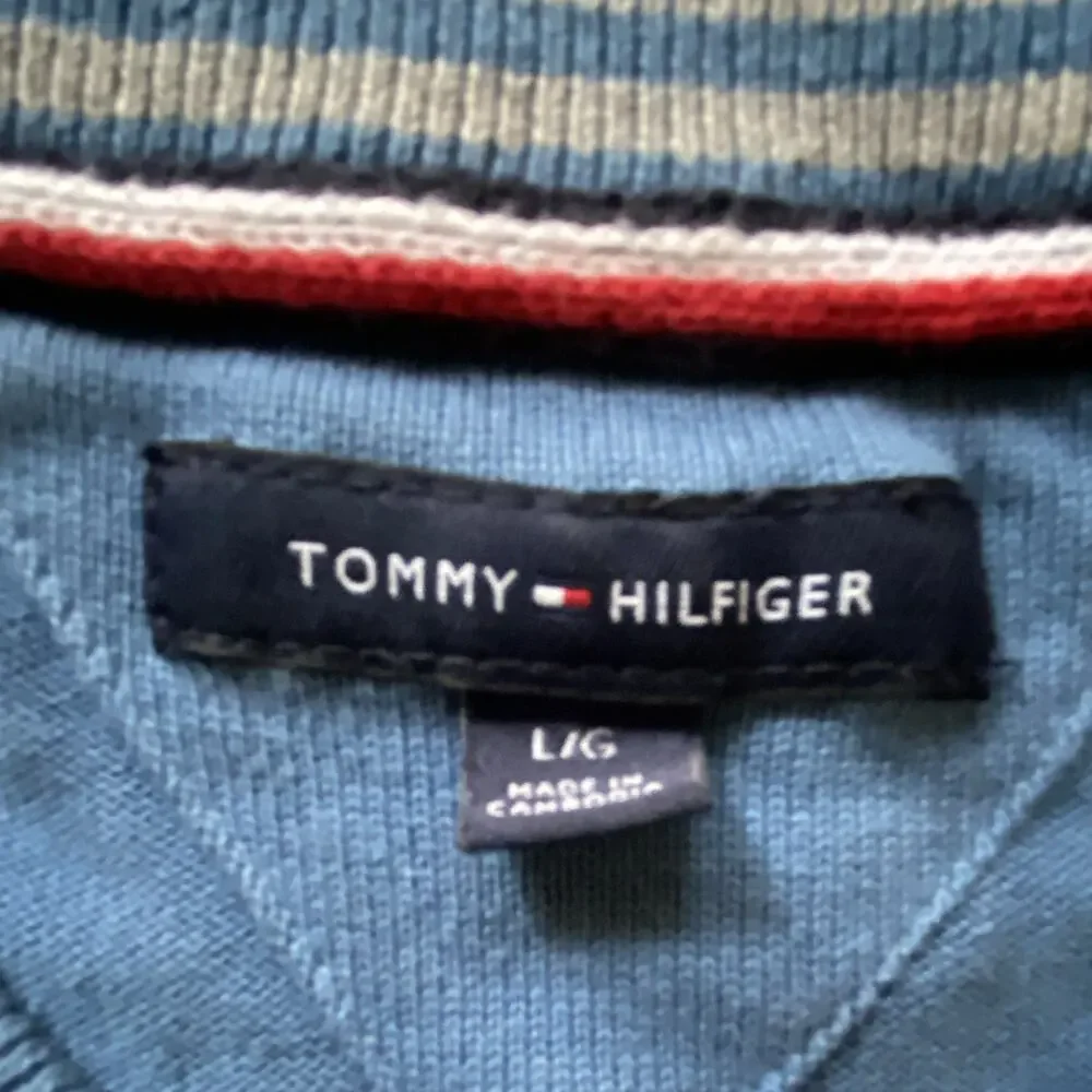 Tommy Hilfiger Mens L Blue V-Neck Knit Cotton Logo Pullover Sweater